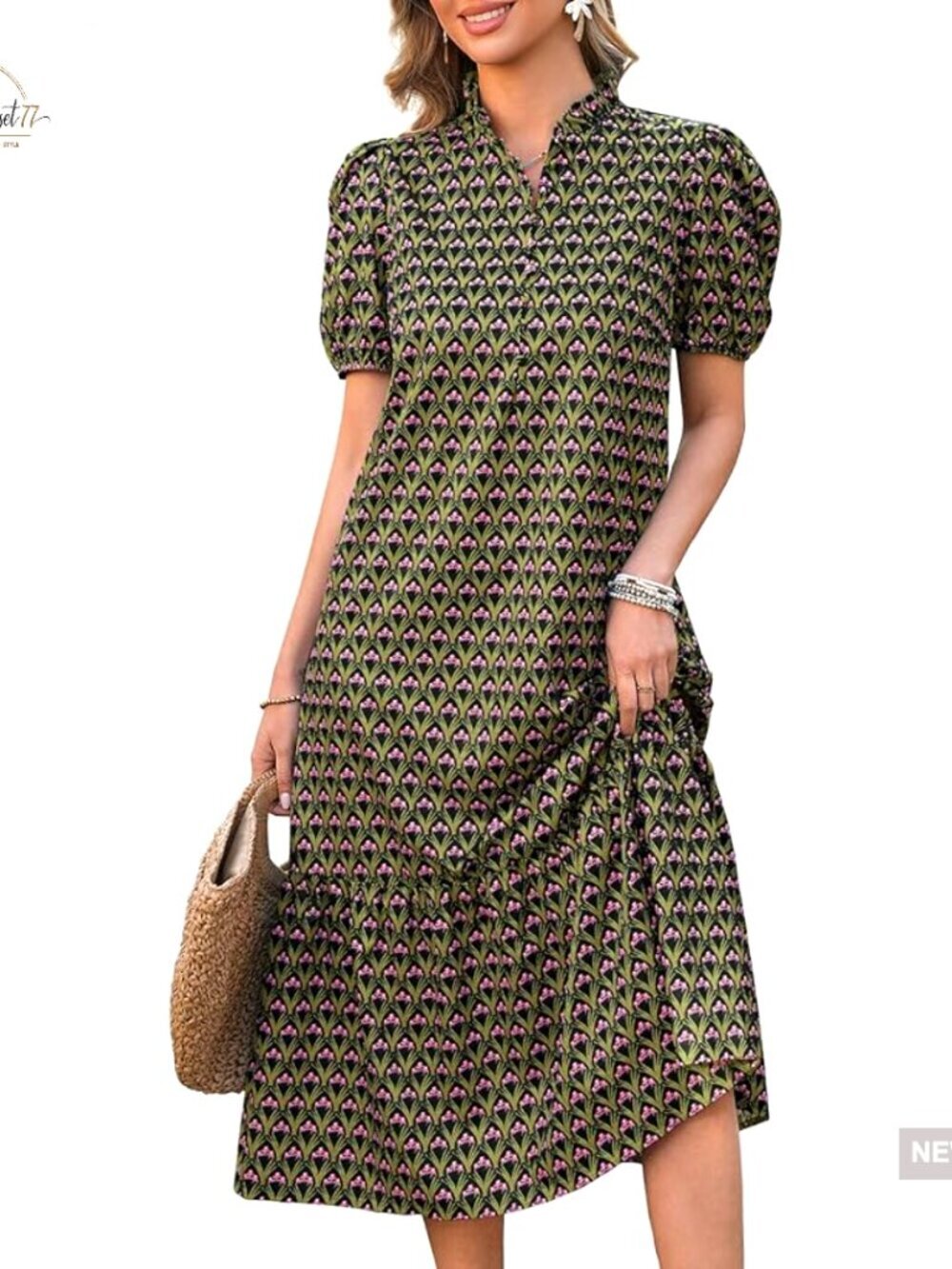 Summer Floral Maxi Dress V-Neck Puff Sleeves Pockets Beach Boho